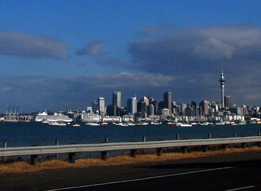 The Auckland skyline snapped from a traffic jam on SH! at Shoal Bay.