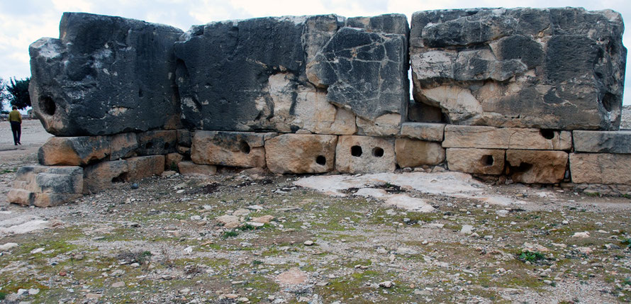 Huge blocks of stone (see figure for scale), with enigmatic square holes at Aphrodite's Sanctuary at Kouklia, January, 2013.