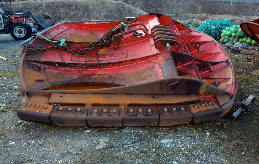 The massive weighted trawl doors used on the double rig trawl nets for shrimp fishing. These drag across the seabed creating a cloud of mud and turbulence that pushes the shrimp towards the net mouthes. These are fitted with grids and fish escape holes.