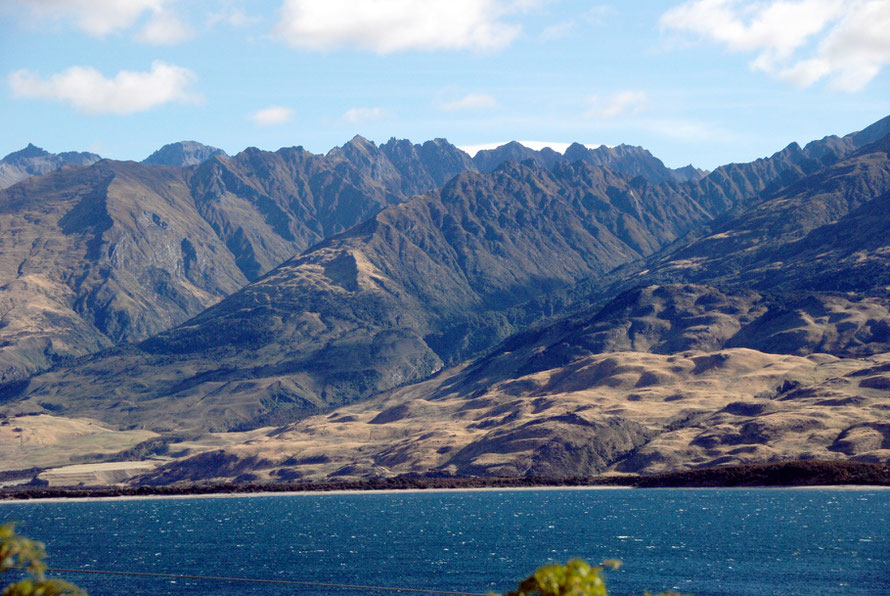 Looking west from the north end of Lake Wanaka to the Minaret Peaks. Forest beginning to appear on the mountain slopes as the annual rainfall increases. 