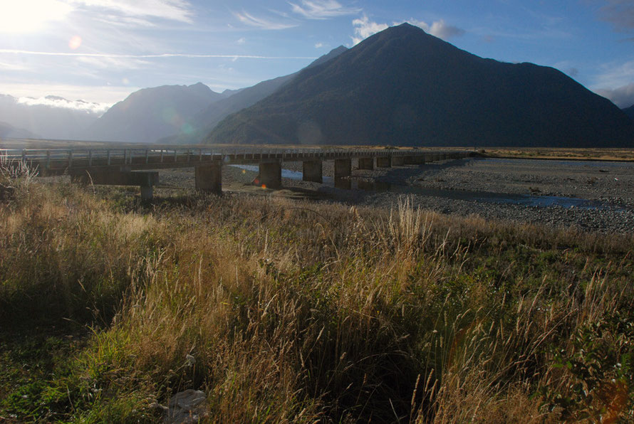 The long bridge across the Waimakariri River near Klondyke Corner in the Authur's Pass National Park