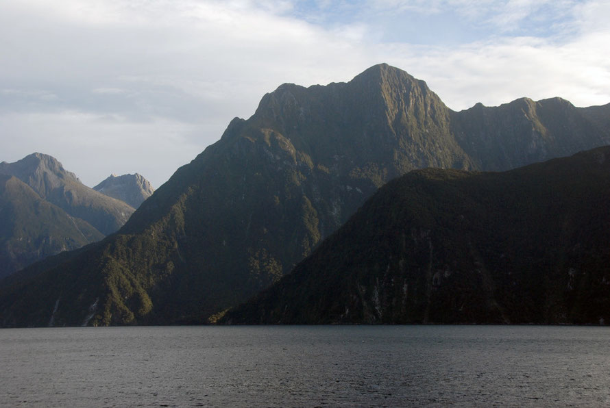 Mt Phillips (1446m) at the soouth west end of Milford Sound with Odyssey Peak and Mt Ada on the left. The foot of Mitre Ridge is on right leading up to The Footstool (not in photo).