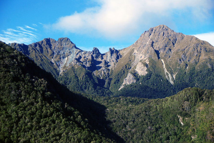 Rocky ridge from Cascade Creek with a piercingly blue sky so typical of New Zealand.