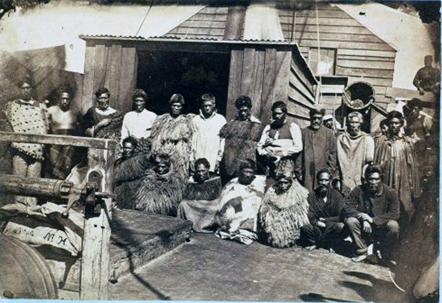 Maori prisoners taken at Rangariri on the prison hulk Marion in Auckland Harbour, 1863. The prisoners subsequently escaped when moved to Kawau Island. Ref: E-395-037. Alexander Turnbull Library, Wellington, New Zealand.