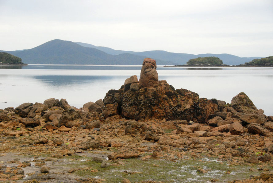 Granite dominates the intertidal zone on Boulder Beach. Pryce Peak (352m) and Mt Rakeahua (681m partly obscured) in the background over the western end of Paterson Inlet.