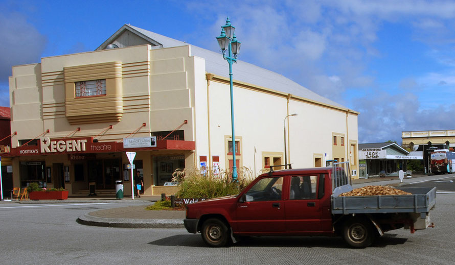 Hokitika's Regent Theatre with a sign still up announcing an evening with Eleanor Catton, author of The Luminaries on Thursday 13th March 2014