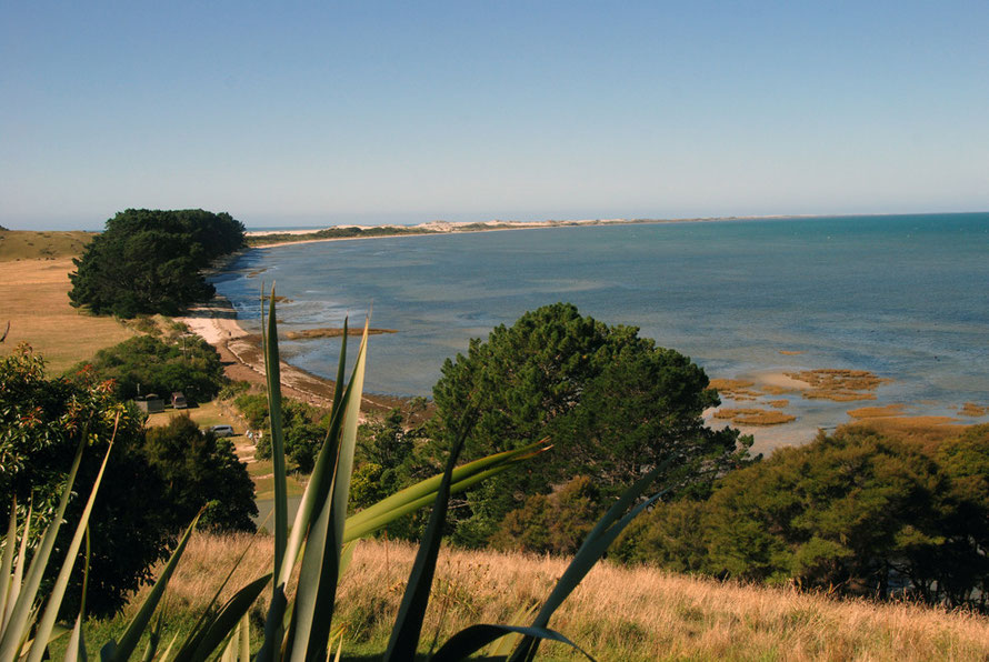 The view from the cafe above Farewell Spit which stretches 34km into Golden Bay