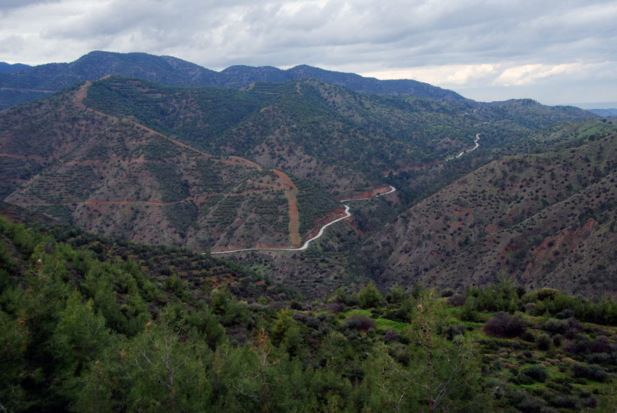 Looking across the Xeros Valley from the east with the road to Kato Pyrgos snaking away to the west in January 2013