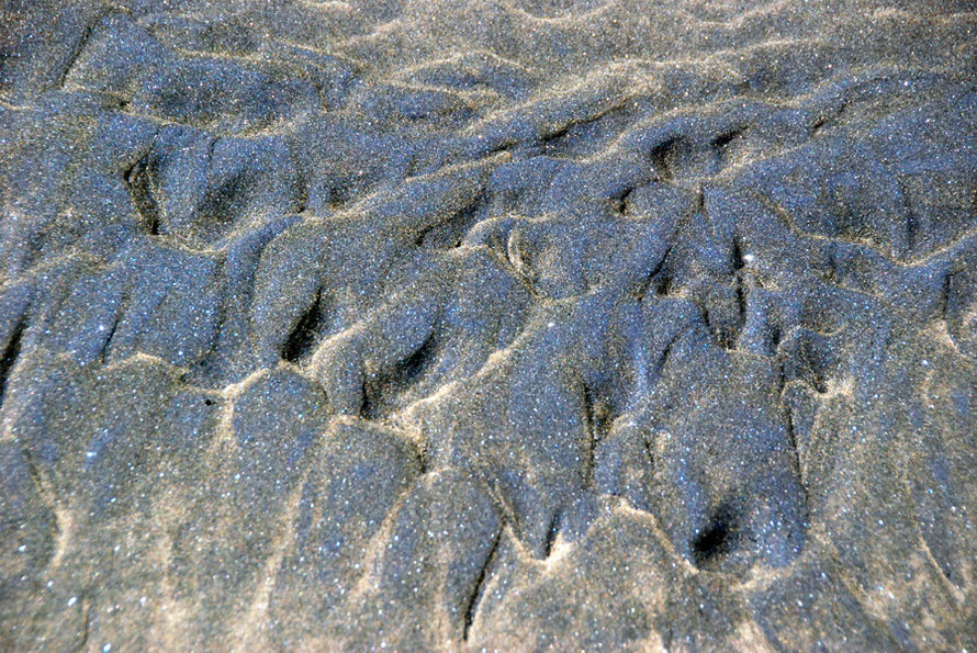 Patterns in the black sand at Te Henga (Bethells Beach). The sand contains black titanomagnetite derived from the volcanic rocks of Taranaki far to the south and carried north over thousands of years by coastal currents