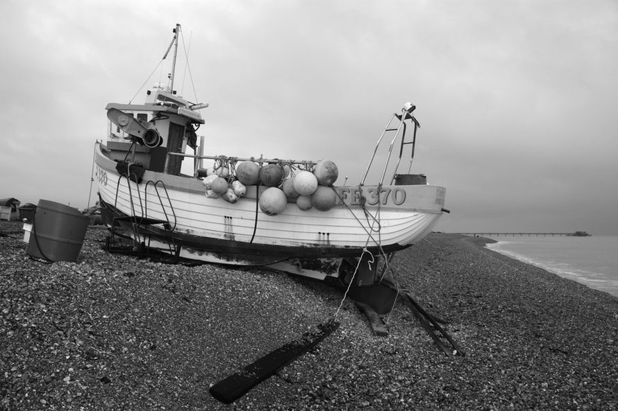 Coptic - FE 370 - (side view) at her shingle berth at Deal, Kent. Monchrome with added contrast, sharpness and brightness. 