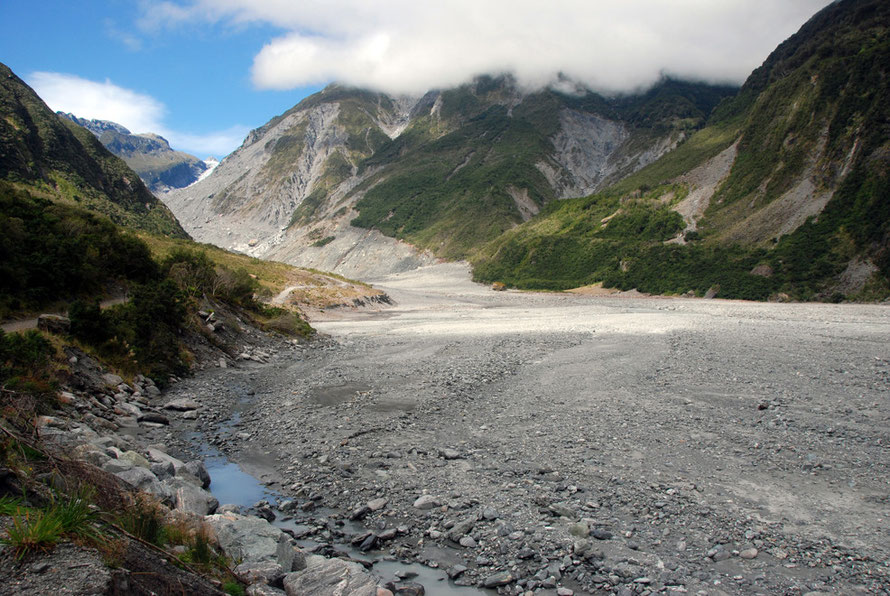 The sediment yield in the valleys of the Southern Alps is huge both absolutely and compared to that of Fiordland to the south: the Fox Glacier valley.