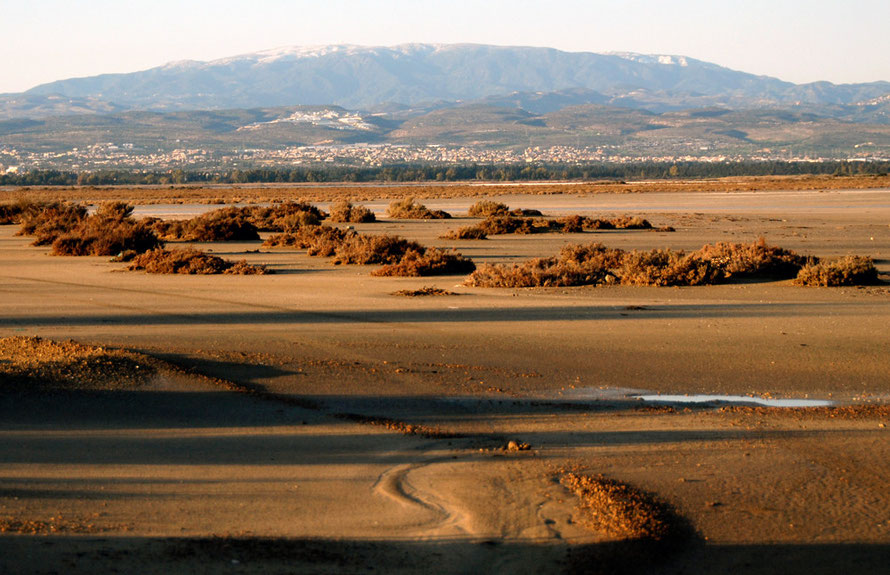 Sand, shadows, setting sun and dome of High Troodos, January 2013.