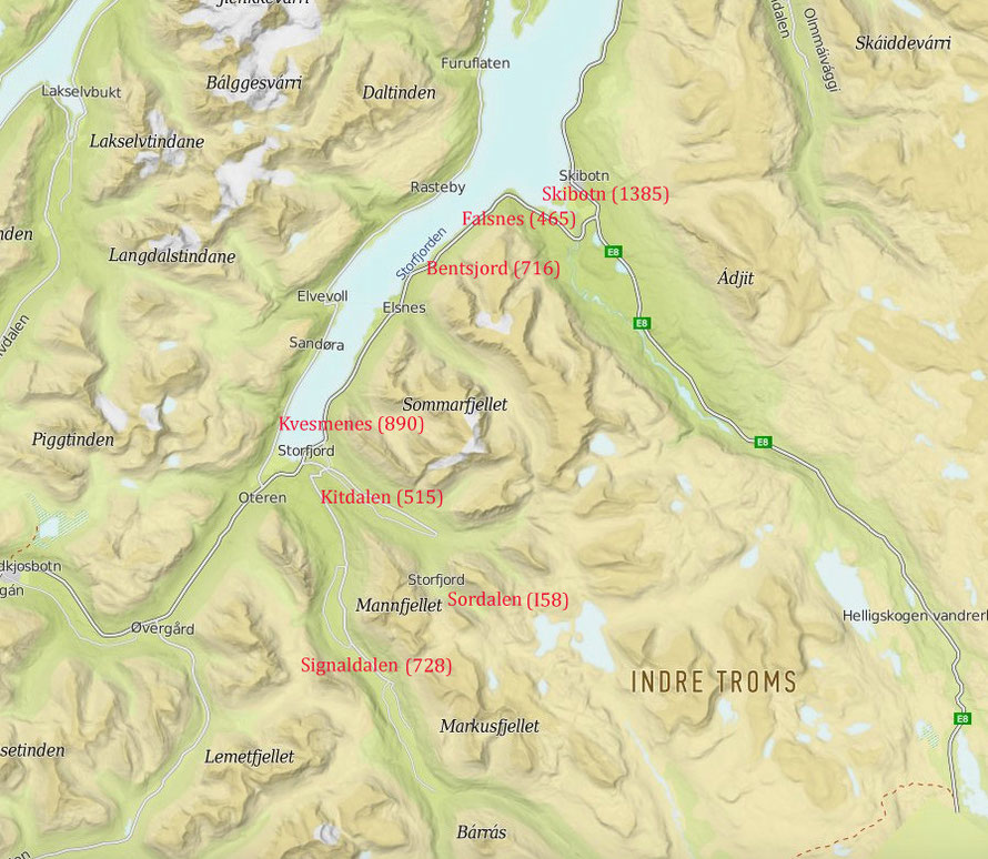 Main Lyngen Line PoW camp locations with prisoner numbers 1944-5 (from Nordlys 14.04.2012 above - Turkart -UT.no map).