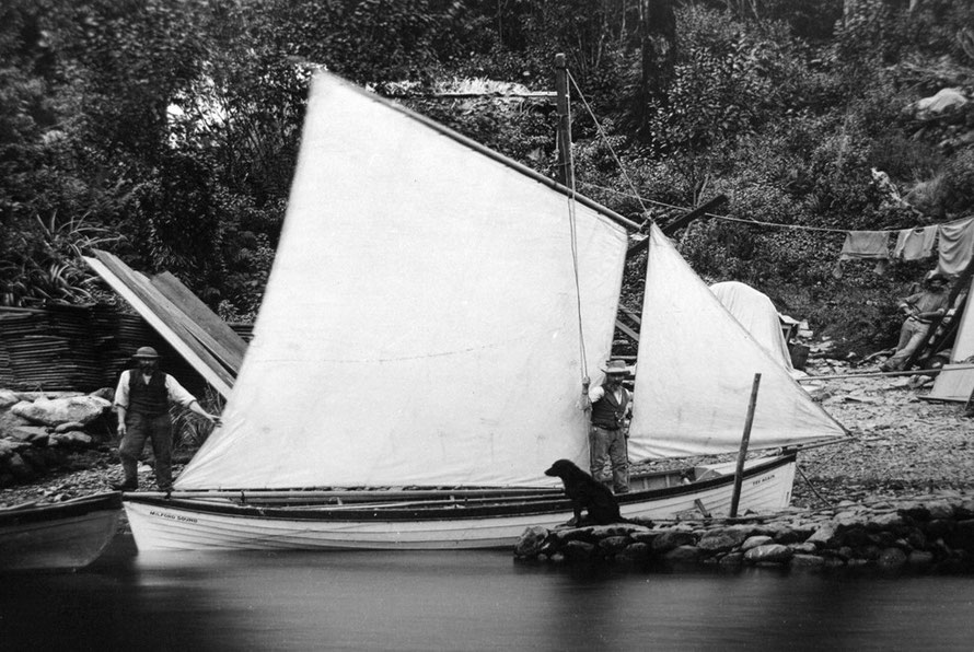 Detail from an 1887 photograph by the Burton Brothers showing 'The City' at Milford Sound in the 1880s. The boat is called, 'Try Again'. Perhaps the dog is Sutherland's 'John O Groats'.