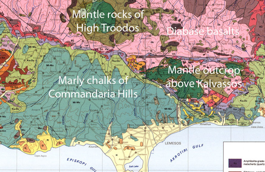 Geological map extract showing broad rock types behind Limassol (Map (c) Cyprus Geological Survey)