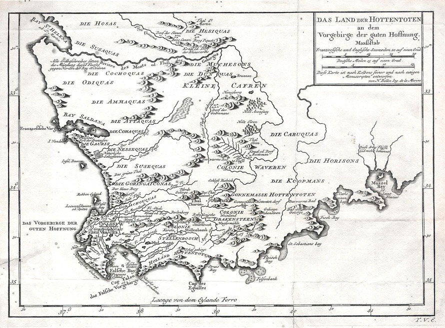 German edition of the 1757 Bellin Map of South Africa and the Cape of Good Hope  (Courtesy Wikimedia)