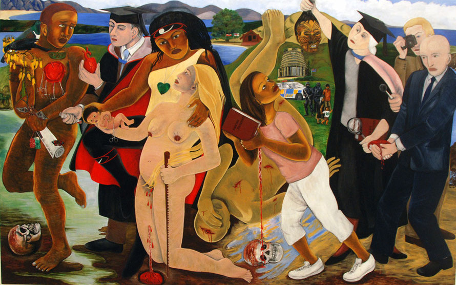 Robyn Kahukiwa (1938-) Power To Define which asks'who has the power to define Maori without an understanding of colonisation and Maori sovereignty (Auckland Gallery: Five Maori Painters 2014)