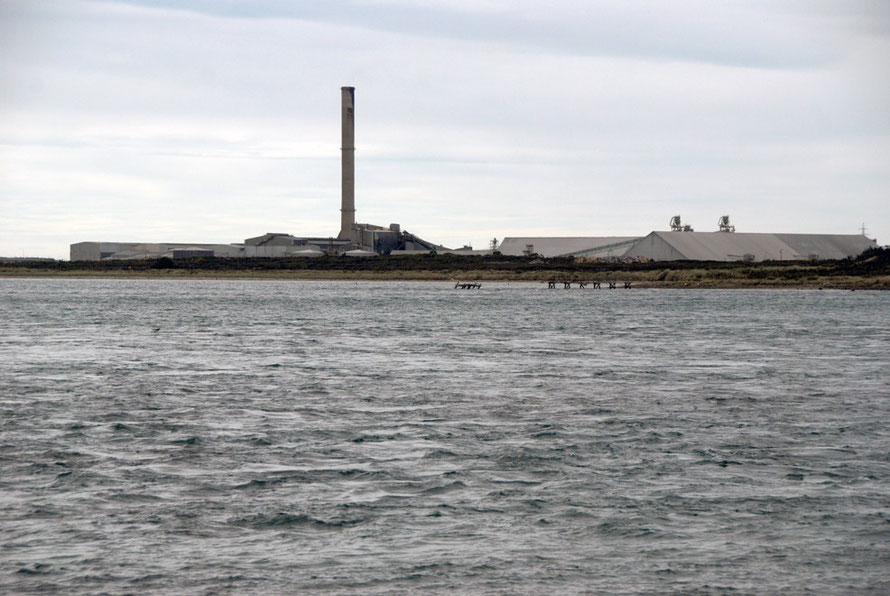 The Tiwai Aluminium Smelter opposite Bluff. The smelter runs on hydro electricity generated by the Southern Alps rivers to the north - particularly the Clutha/Mata-Au.