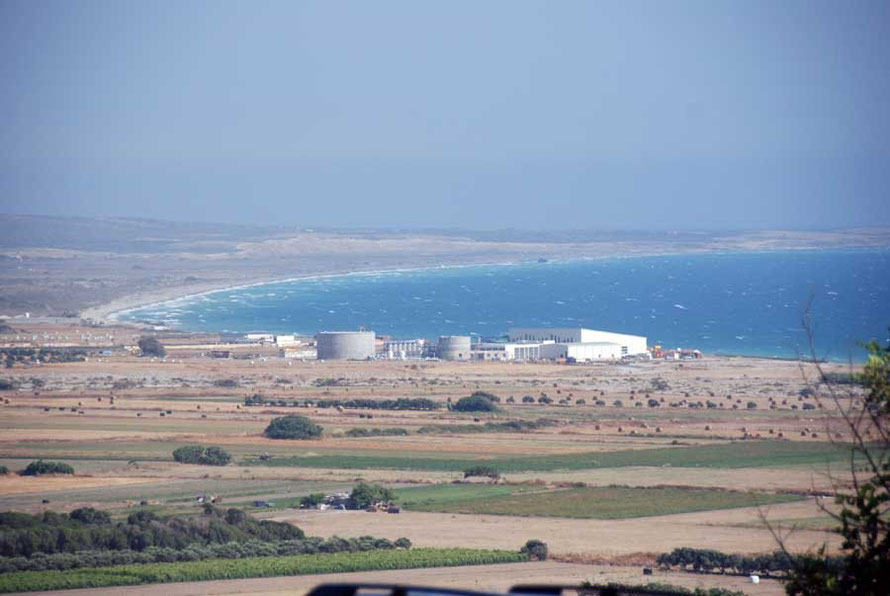 A view from Kourion to the east towards the Akrotiri Sovereign Base Area with recently completed desalination plant (the sixth on the island) in the middle distance