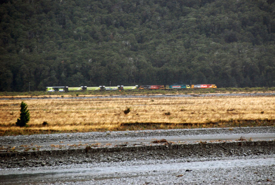 Three engines and five ballast wagons stopped on the far side of the Whaimakariri River. (Thanks to Jim Eyre for correcting me on this!)