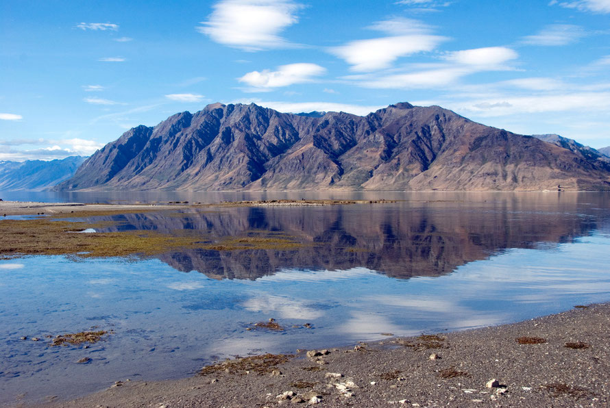 Lake Hawea in Central Otago. The lake is part of the Clutha/Mata-Au catchment and the level has been raised to control flow to the river hydro-electric schemes. This is it at low water in the summer. 