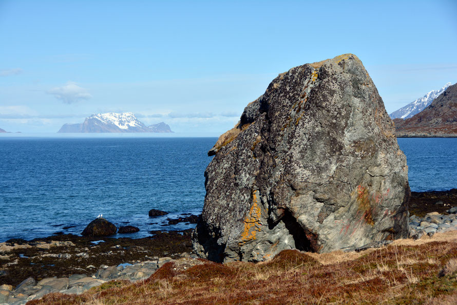 Large Gabbro erratic near Russelv on the Lyngen Peninsula with the spectacular glaciated island of Nord-Fugloya in the background.