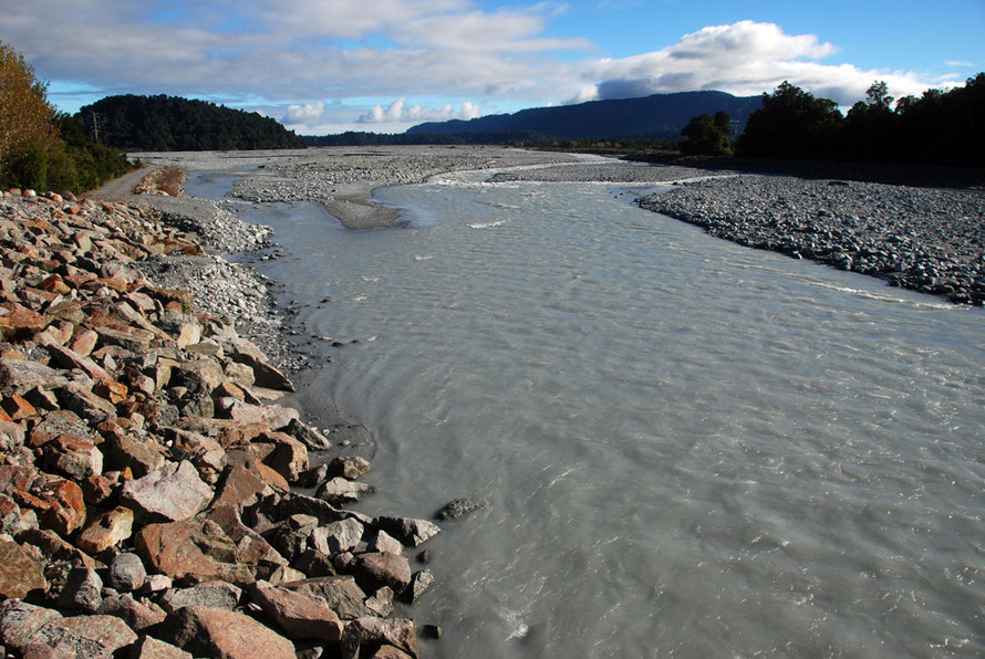 The Waiho river running towards the sea with floood defence to left - a stopwall - for the vulnerable Franz Josef Township (pop. 270). Aggrading debris can be clearly seen in the river bed.