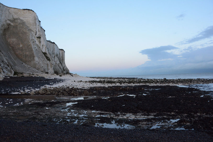 Evening tide: the tide out and a cold sky clearing, the water in the rockpools breaking up the inky mass of the exposed seaweed. St Margarets Bay, Kent. 
