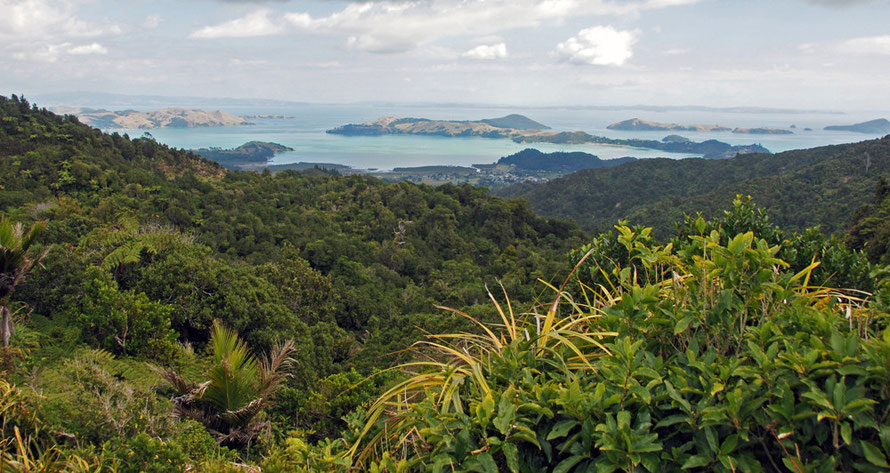 Coromandel Harbour and Ruffin Peninsula and Whanganui Island (Centre) with the distant islands of the Hauruki Gulf - Waiheke, Ponui and the mainland Hunua Ranges.  