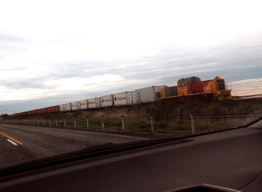 Kiwi Rail container train arriving at Bluff, the end of the line. The Bluff Branch line comes from the Main South line that finishes at Invercargill, 30km to the north. It was built in 1867.