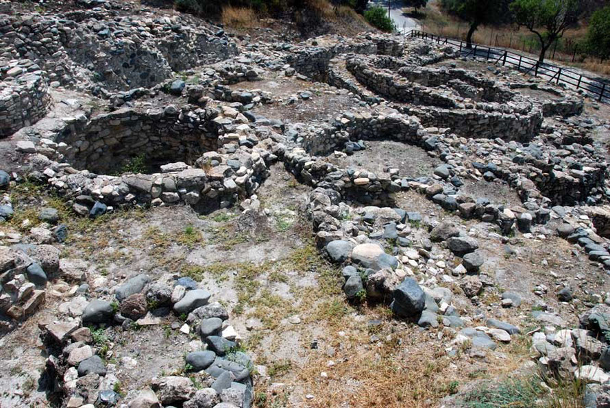 Khirokitia round house walls showing proximity of dwellings and steepness of the south-facing site