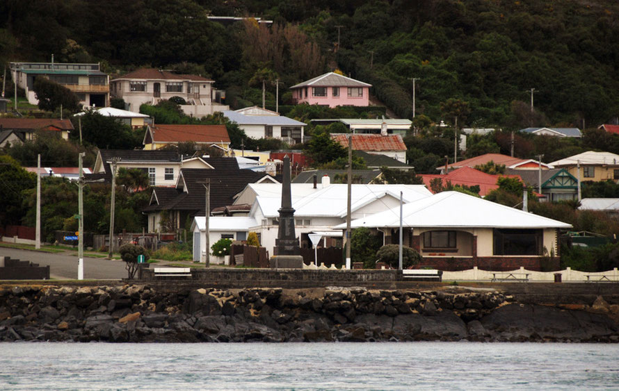 The Bluff War Memorial, seen from the Stewart Island ferry. 46 Bluff men were killed in the First World War.