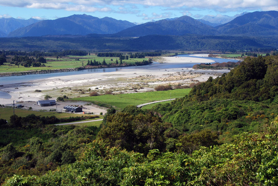 View of the Hokitika River from Rimu, 5km SW of Hokitika. Note the broad river bed gravels that were subject to mechanical dredging for alluvial gold