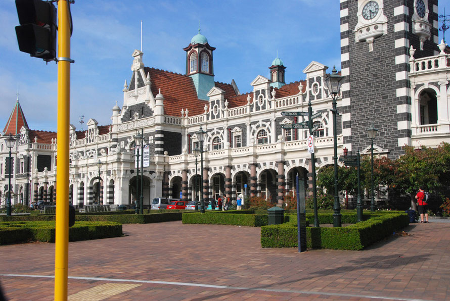 The magnificent Dunedin Railway Station on a better day than the one we had just endured.