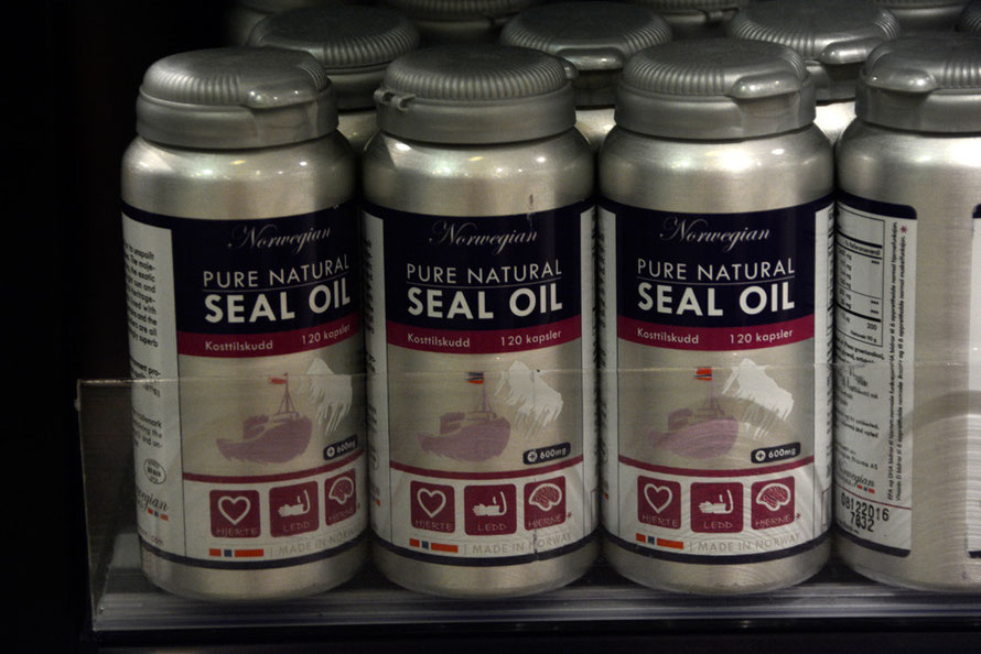 Norwegian Seal Oil capsules for sale at Tromsø Airport. The Harp seal hunt focuses on seal pups at 3 weeks of age - so-called 'beaters'. Not sure if these capsules are made from pup Harp seals. 