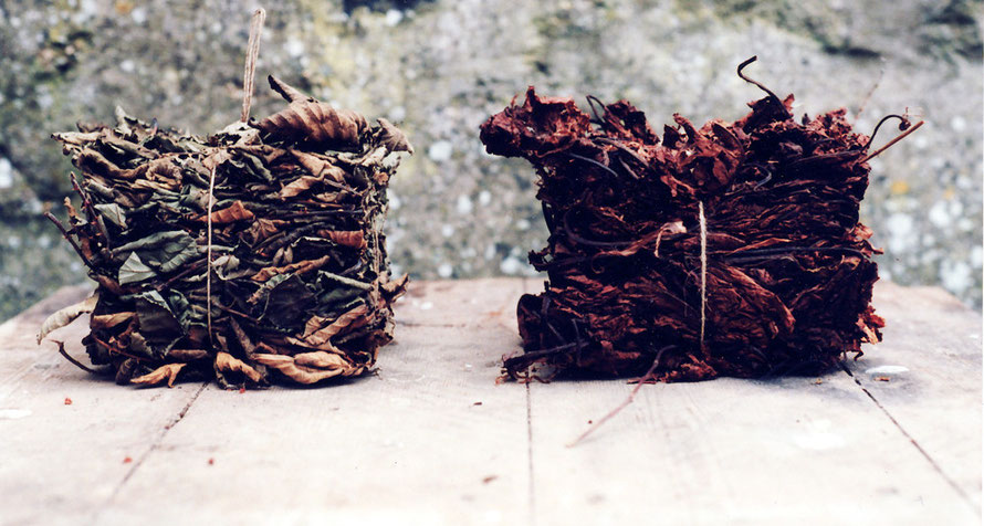 Dried beech leaf and dock leaf packets for The Drying Room installation