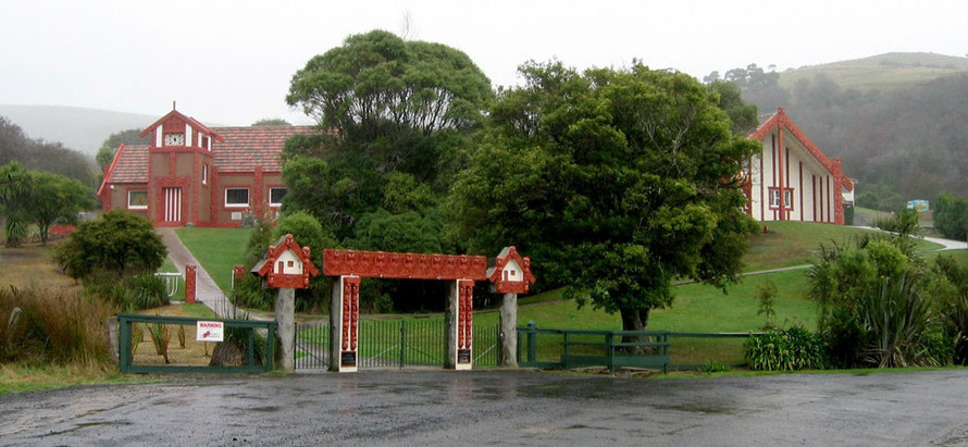 Otakou marae, Otago Peninsula, New Zealand. Buildings built 1940-1945. The building in the top left is Otakou Maori Memorial Methodist Church (Courtesy of Avenue WikiCommons)