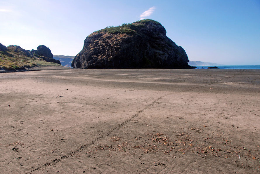 Paratutae Island on the edge of the Manaukau Entrance and the tidal sands at Whatipu. It once had a signalling station to assist shipping crossing the Manukau Harbour Bar. 