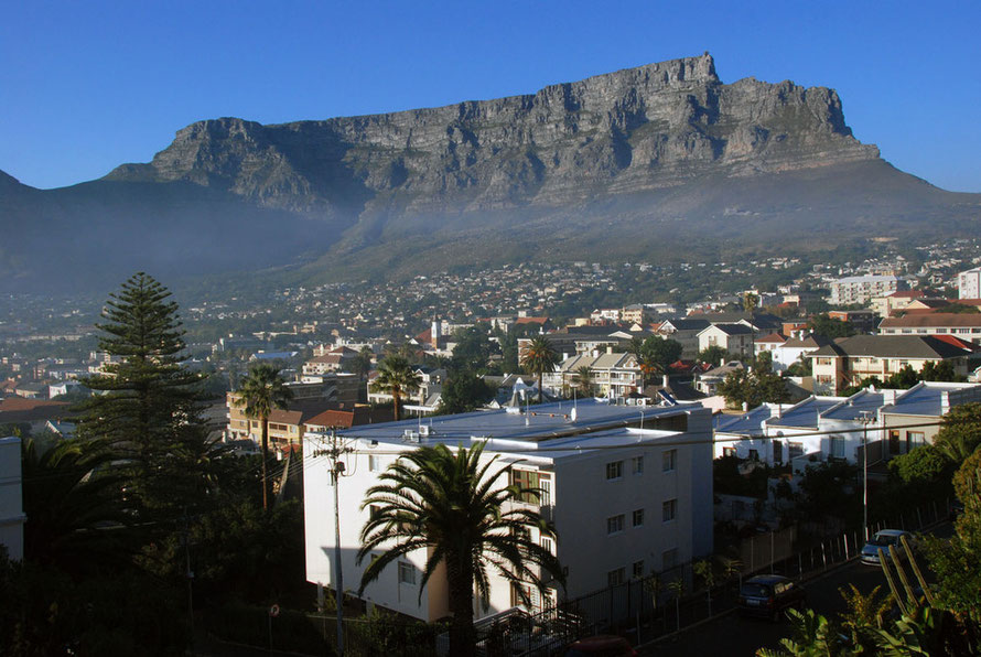 Table Mountain with smoke from a fynbos fire in the early morning from our guesthouse in Tamboerskloof, Cape Town