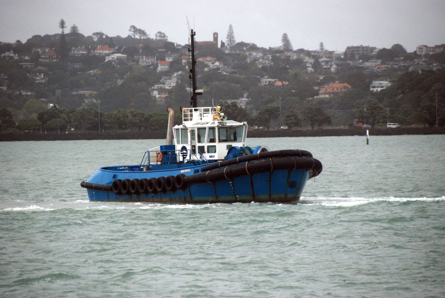 Tug Waipapa on station for an incoming bulk carrier with the Tamaki Drive Causeway and the Auckland South Shore in the background