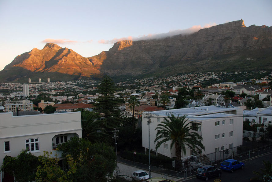 Table Mountain in the early evening from our guesthouse in Tamboerskloof, Cape Town