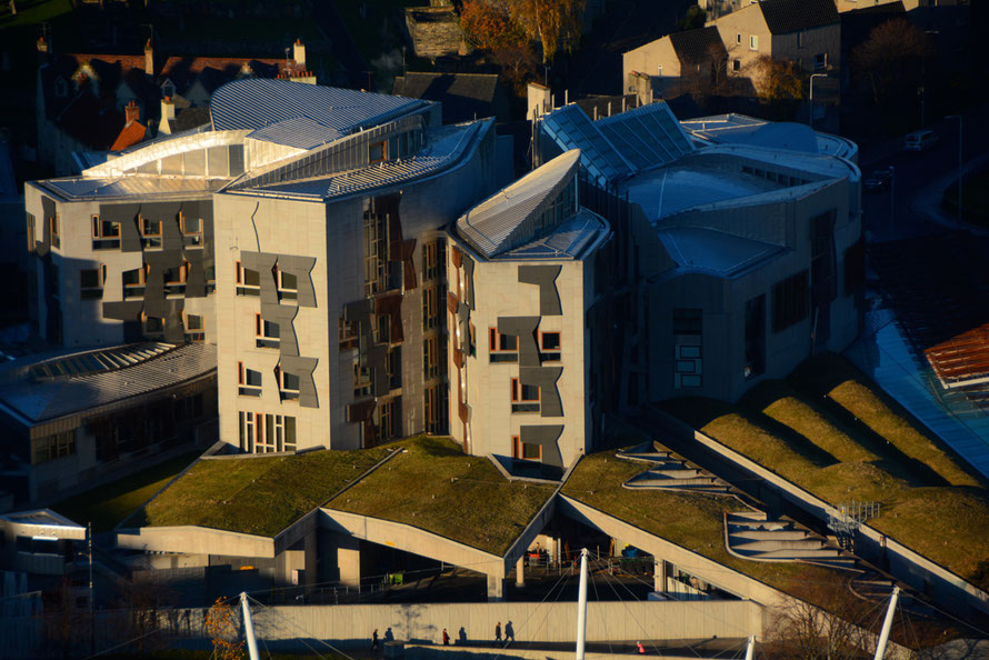 The Scottish Parliament from Salisbury Crags.