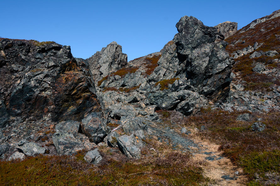 More shattered Gabbro at the ned of the Lyngen Alps near Russelv. The angle of thrust looks to be about 60 degrees or more with clearly visible bedding plains. The very angularity of the shattered rock speaks to its hardness and resistance to erosion.