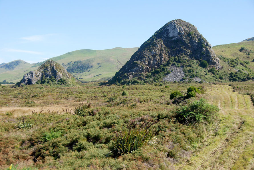 The Pyramids at Okia Flats are remnant feed pipes of the giant Dunedin volcano.