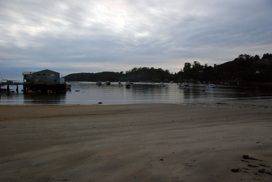 Half Moon Bay in the early morning of a late summer day on Stewart Island (ferry terminal on left).