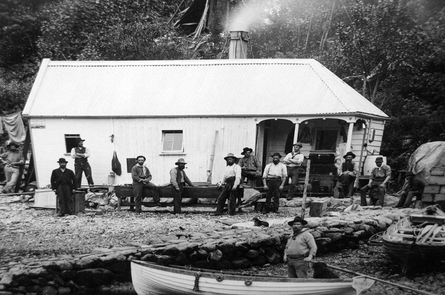 Part of an 1887 photograph by the Burton Brothers showing 'The City' at Milford Sound in the 1880s.