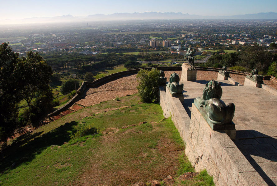 The view from the Rhodes Memorial looking over the University of Cape Town campus, the Cape Flats and the distant Hottentot-Holland Mountains