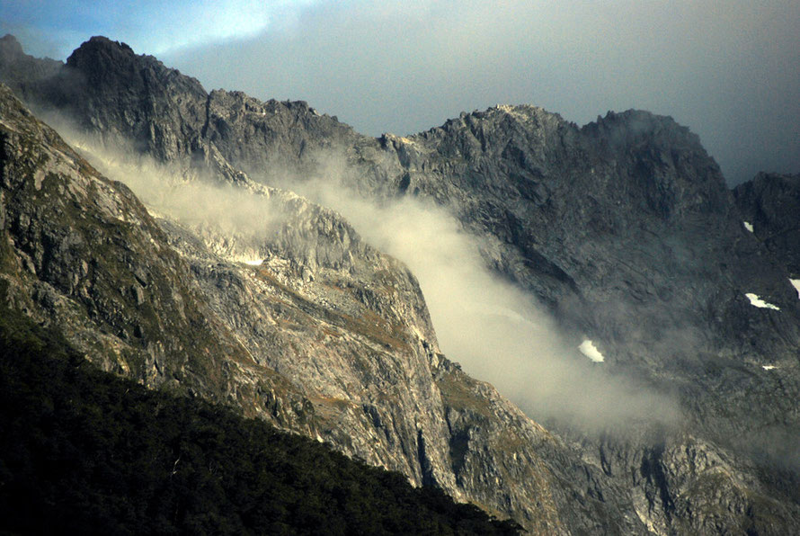 The blasted eroded rocks on the southern side of the summit of Mt Crosscut on the Milford Road.