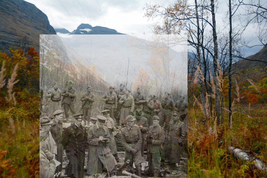 Two photos separated by seventy years. The site of the Mallnitz camp in September 2016 and the visit of the War Crimes Investigation team to the site in June 1945 captured by Bjorn Wisnes. 