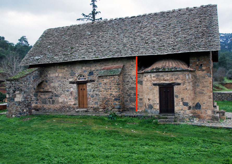 View from the north showing the extent of the early 11th century church on the left of the red line before the construction of the narthex, Asinou (January 2013)